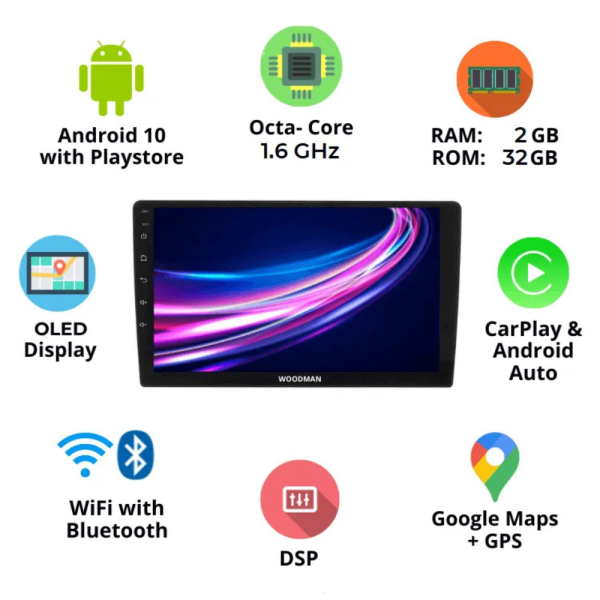 Woodman Xtreme 6.0 Android Car Stereo – 2GB RAM | QLED | 4G Slot | Octa-Core | Front & Back Camera Kit Included - Image 6